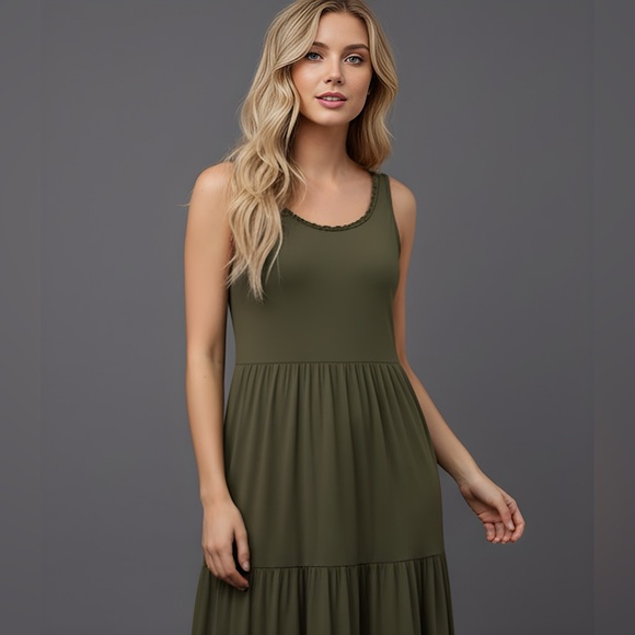 Ruffle Hem Smock Maxi Dress Army Green - Picture 5 of 9